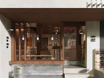 Cozy Bar Featuring Wooden Awning Glass Facade Interior Lighting And Beer Keg 3d model