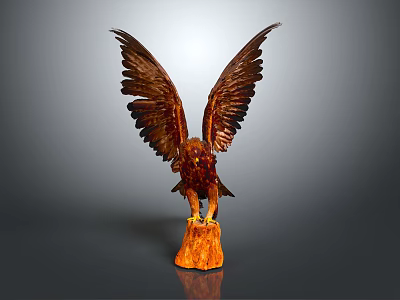 Flying Animal Eagle Wooden Sculpture With Spread Wings And Detailed Feathers Standing On Wood Base 3d model