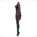 Black Mannequin Wearing Red Bra Top With Gold Circular Buckle And Asymmetrical Red Skirt