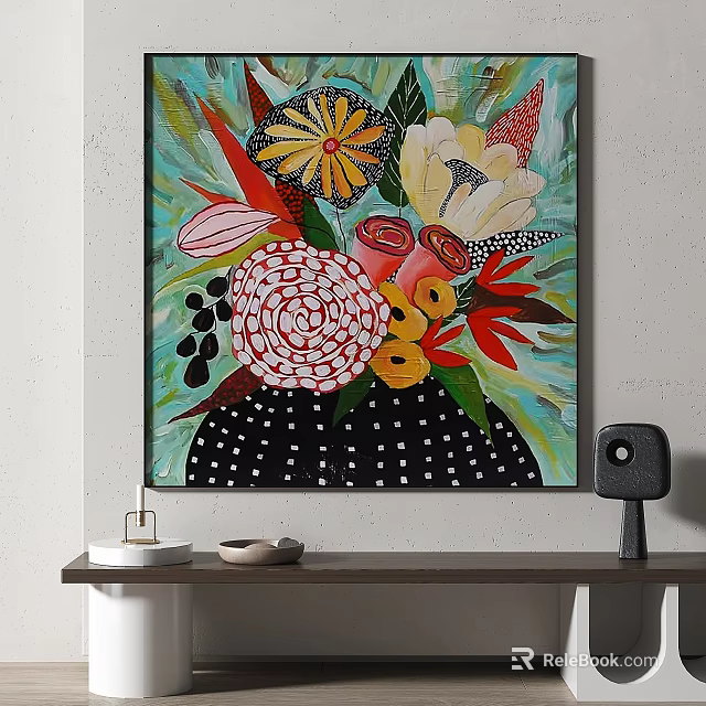 Vibrant Botanical Painting With Colorful Flowers Leaves And Polka Dot Vase As Wall Art Decor 3d model 