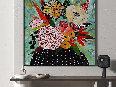 Vibrant Botanical Painting With Colorful Flowers Leaves And Polka Dot Vase As Wall Art Decor 3d model