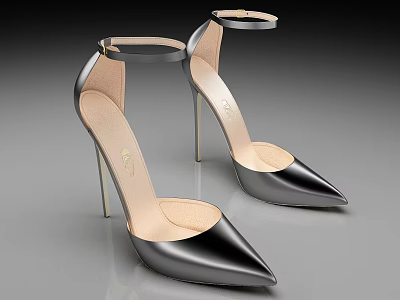 Black Stiletto High Heels With Pointed Toe Ankle Strap And Metal Detail 3d model