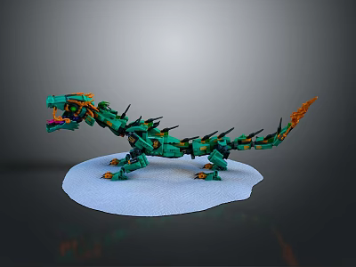 Green Lego Built Dragon With Spikes And Orange Accents On White Base 3d model