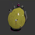 Gray Hand Supporting Yellow Circular Base With White Lighthouse Bird And Falling Pink Fragments