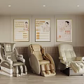 Massage Chairs Display in Modern Showroom with Luxury Design and Promotional Posters