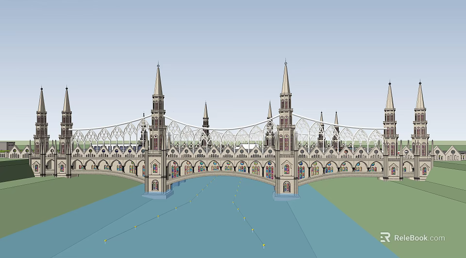 Gothic Style Bridge Featuring Spired Towers And Ornate Arched Structure Over Water 3d model 