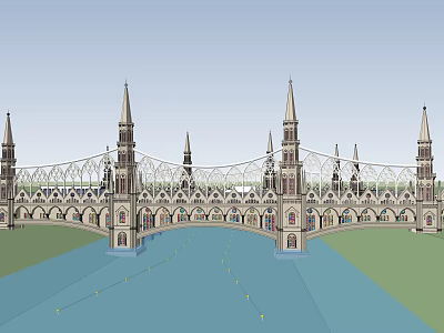 Gothic Style Bridge Featuring Spired Towers And Ornate Arched Structure Over Water 3d model
