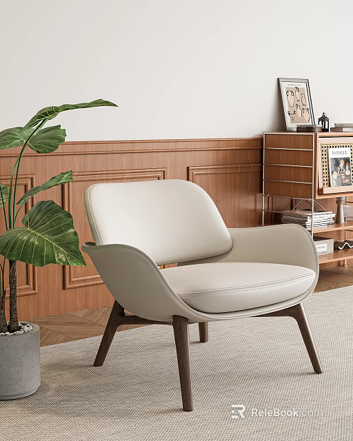Beige Leather Leisure Chair With Wooden Legs Green Plant And Wooden Wall Decor 3d model 