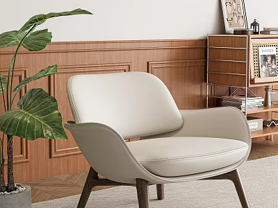 Beige Leather Leisure Chair With Wooden Legs Green Plant And Wooden Wall Decor 3d model