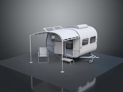 White Trailer Camper With Retractable Awning And Folding Chair Setup 3d model