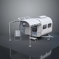 White Trailer Camper With Retractable Awning And Folding Chair Setup 3d model