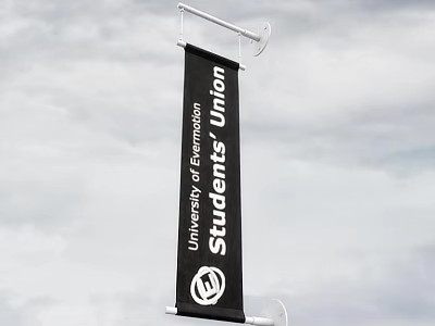 Hanging Black Banner With University of Ermou Students Union Logo Against Sky 3d model