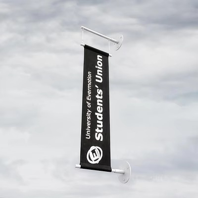 Hanging Black Banner With University of Ermou Students Union Logo Against Sky 3d model