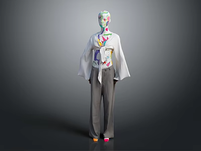 White Wide Sleeve Loose Top with Colorful Patterned Design and Gray Long Trousers Fashion Style 3d model