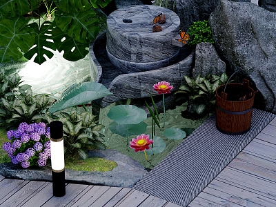 Chinese landscape rockery flowers and plants combination 3d model