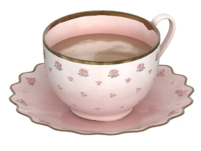 Pink Tea Cup and Saucer with Rose Pattern Gold Rim and Elegant Scalloped Design 3d model