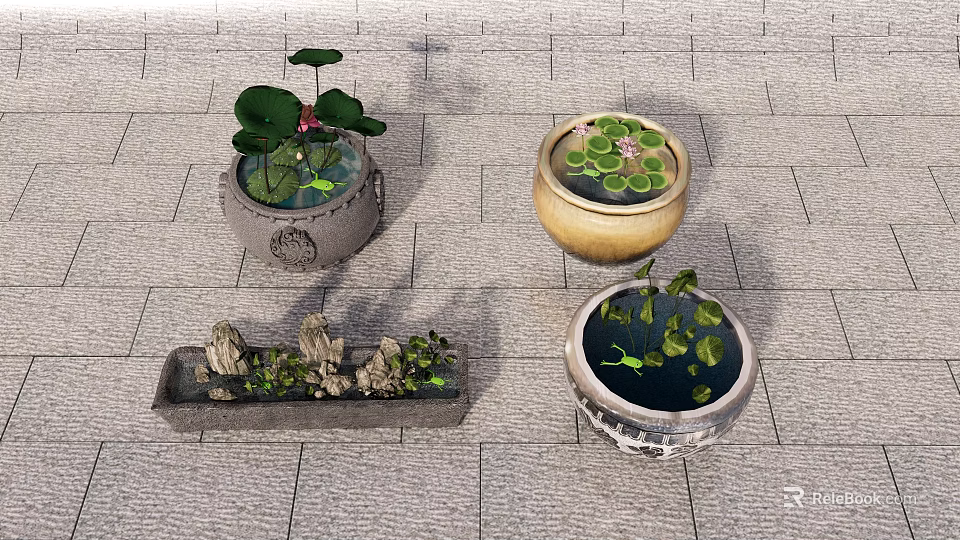 Aquarium Fish Tank Decor With Ceramic Containers Lotus Leaves And Stones 3d model 