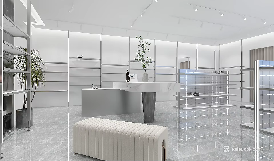Modern Retail Store Interior Featuring White Walls Display Racks Reception Counter Marble Floor And Bench 3d model 
