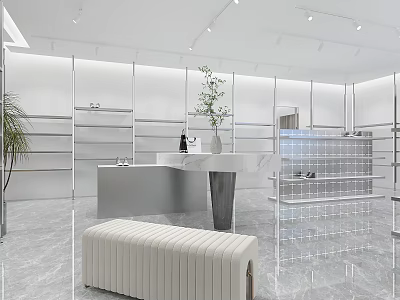 Modern Retail Store Interior Featuring White Walls Display Racks Reception Counter Marble Floor And Bench 3d model