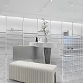 Modern Retail Store Interior Featuring White Walls Display Racks Reception Counter Marble Floor And Bench