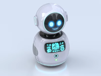 White Smart Robot With Blue Glowing Eyes And Display Screen Showing Icons 3d model