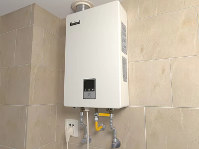 Modern Rinnai Wall Mounted Water Heater As Daily Use Appliance In Tiled Bathroom 3d model