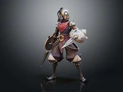 Armored Warrior In Red Purple Outfit With Mythical Creature Companion And Shield Dagger 3d model