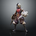 Armored Warrior In Red Purple Outfit With Mythical Creature Companion And Shield Dagger
