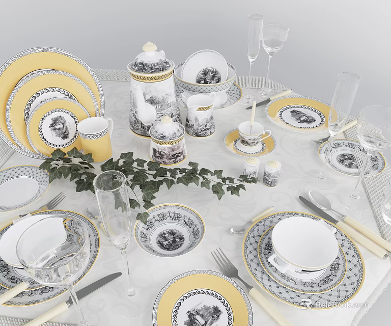 Elegant Tableware Set Featuring Yellow White Plates Cups Teapot Champagne Flutes And Green Leaves 3d model 