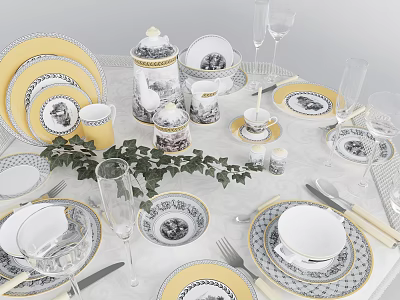 Elegant Tableware Set Featuring Yellow White Plates Cups Teapot Champagne Flutes And Green Leaves 3d model
