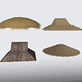 Thatch Roof Components With Straw Covered Conical And Wooden Structural Designs 3d model