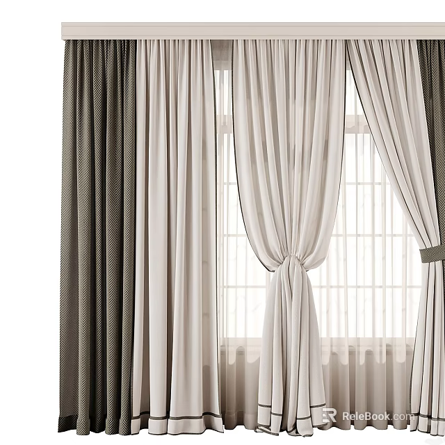 Elegant White Curtains With Dark Side Panels And Tiebacks By Window 3d model 