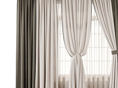 Elegant White Curtains With Dark Side Panels And Tiebacks By Window 3d model