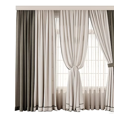 Elegant White Curtains With Dark Side Panels And Tiebacks By Window 3d model