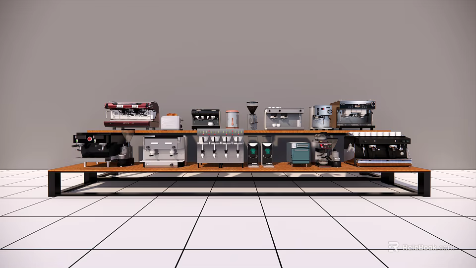 Modern Kitchen With Various Appliances Including Coffee Makers And Ovens On Shelves 3d model 