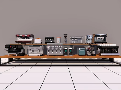 Modern Kitchen With Various Appliances Including Coffee Makers And Ovens On Shelves 3d model
