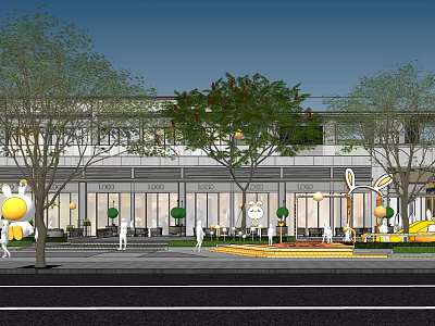 Modern Commercial Street Exterior Design With Storefronts Trees And Pedestrians 3d model