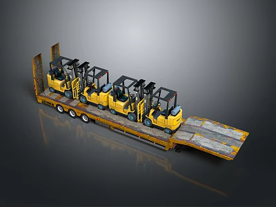 Flatbed Transport Trailer Carrying Multiple Yellow Forklift Industrial Equipment For Heavy Duty Logistics 3d model