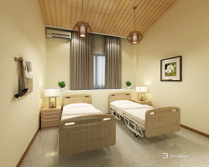 Hospital Room Interior With Two Beds Wooden Ceiling Pendant Lights And Curtains 3d model 
