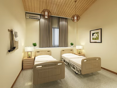 Hospital Room Interior With Two Beds Wooden Ceiling Pendant Lights And Curtains 3d model