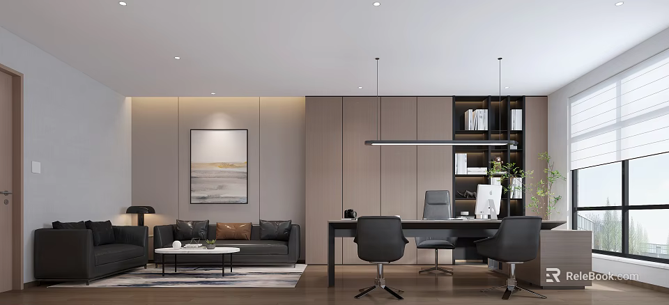 Modern Elegant Office Featuring Open Layout With Sofa Desk Chairs Bookshelf Wall Art And Plants 3d model 