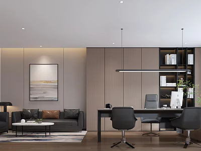 Modern Elegant Office Featuring Open Layout With Sofa Desk Chairs Bookshelf Wall Art And Plants 3d model