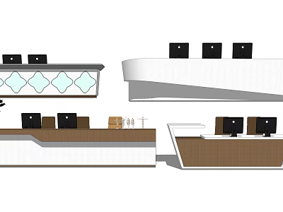 Modern Reception Desk Design With Wooden Counter And Computer Monitors 3d model