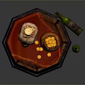 Wooden Barrel With Burning Skull Leather Pouch And Green Bottle