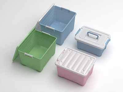 Colorful Plastic Storage Boxes With Lids And Handles In Green Blue Pink 3d model
