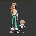 Tall Character Holding Yellow Creature And Short Pink Haired Figure In Green Outfits
