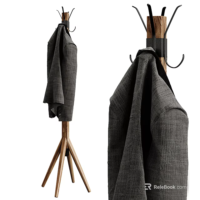Sturdy Wooden Tripod Coat Rack With Hooks Hanging Gray Woven Coat 3d model 