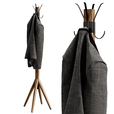 Sturdy Wooden Tripod Coat Rack With Hooks Hanging Gray Woven Coat 3d model