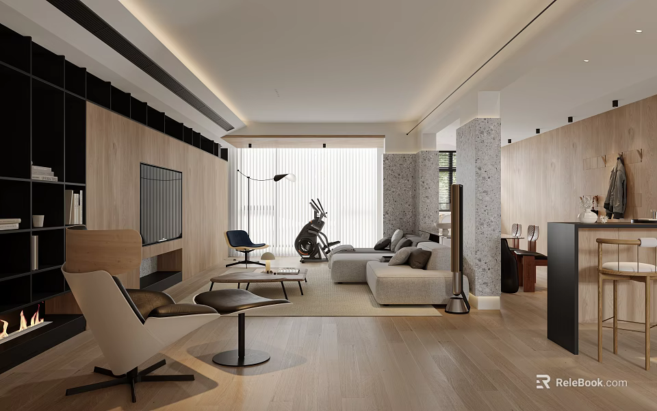 Modern Living Dining Room Interior With Sofa Wooden Flooring And Floor To Ceiling Windows 3d model 