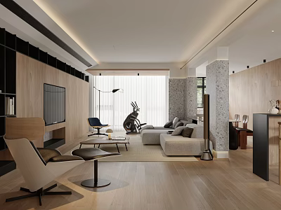 Modern Living Dining Room Interior With Sofa Wooden Flooring And Floor To Ceiling Windows 3d model